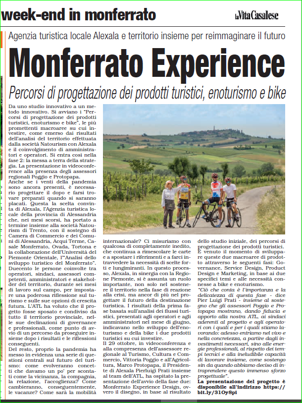articolo de "La vita casalese" Monferrato experience, percorsi di progettazione dei prodotti turistici, enoturismo e bike